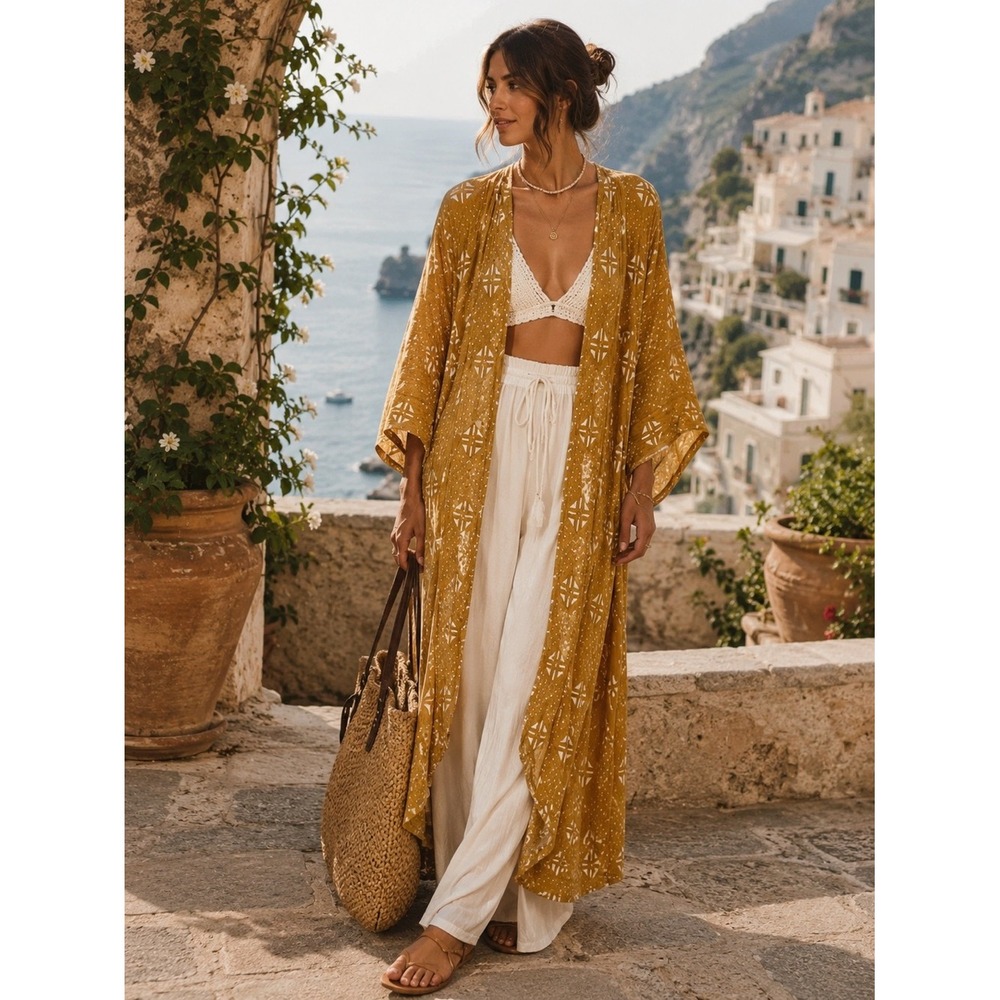 TYSA DESIGNS Printed Kimono Robe Cover-Up M L Mustard Yellow Resort Boho Hippie